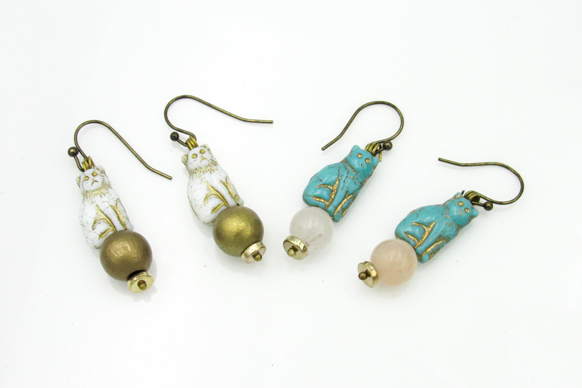 Boho Czech Glass Cat Bead Dangle Earrings