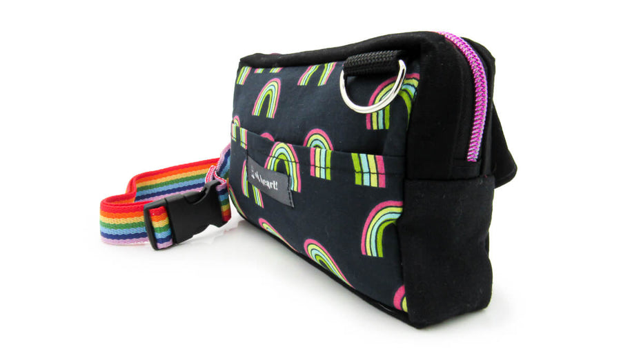 Rainbow Print Black Fanny Pack Handbags Oh, Heart!