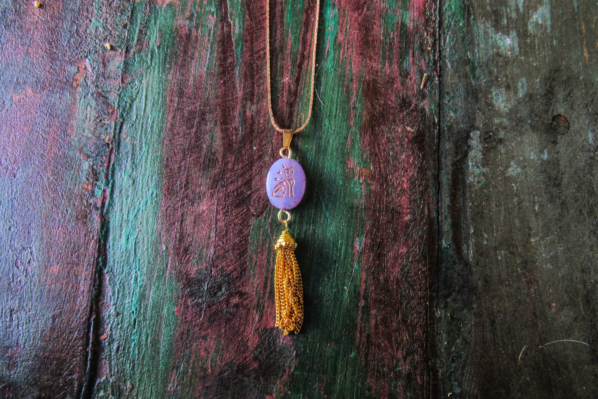 Purple Egyptian Cat Tasseled Gold Necklace Necklaces Oh, Heart!