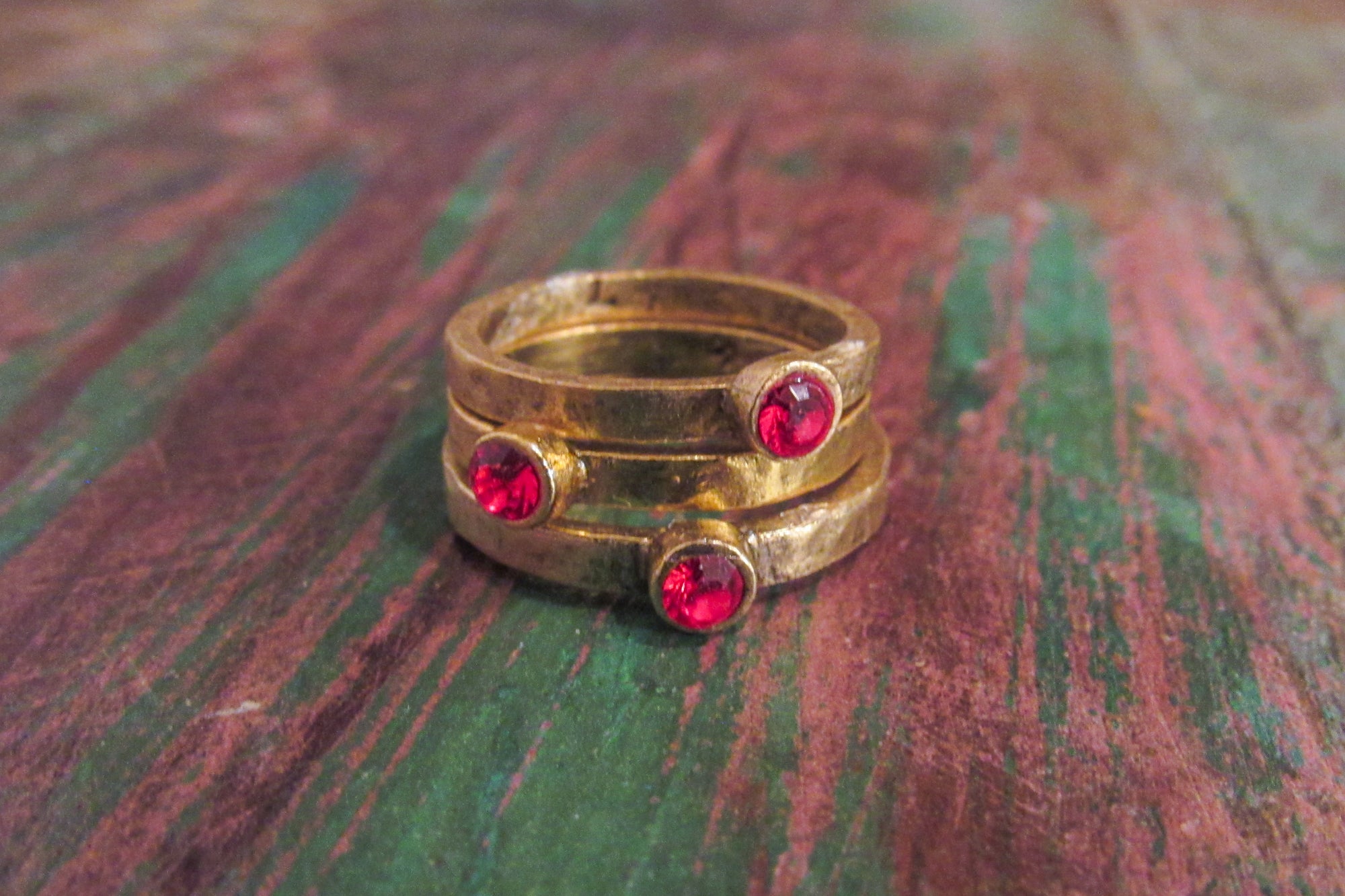 Hammered Antique Gold Ring With Bright Red Crystal Rhinestone Ring Oh, Heart!