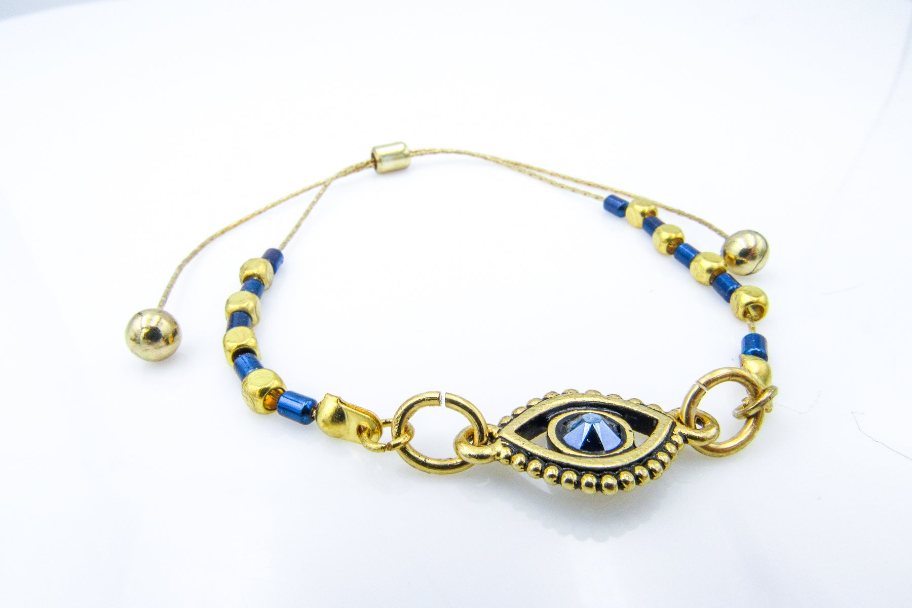 Gold and Blue Evil Eye Adjustable Slide Bracelet Bracelets Oh, Heart!