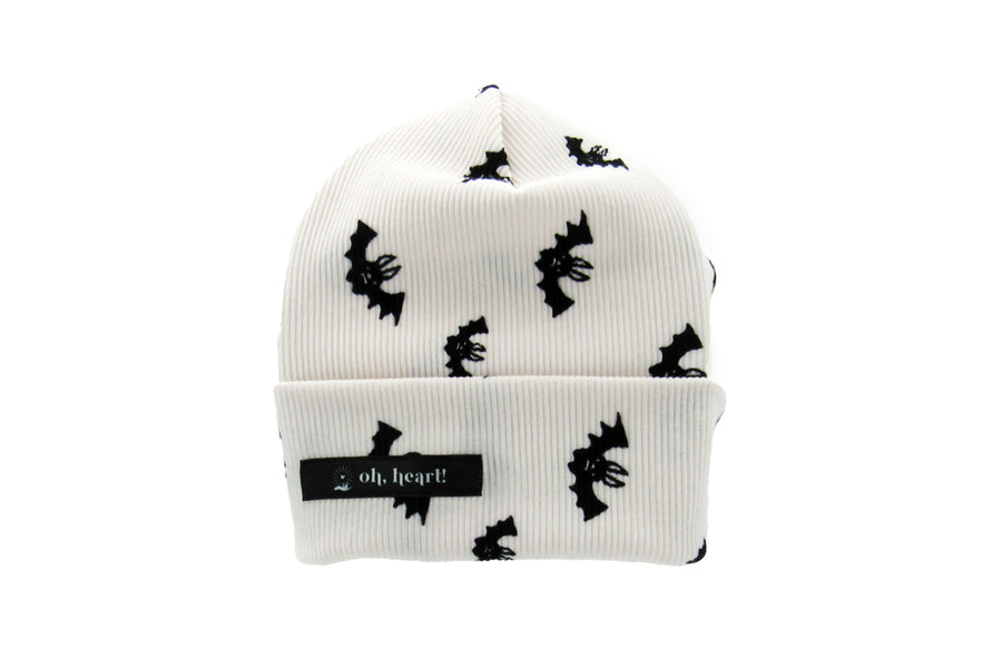 Black Bats on White Ribbed Beanie Beanie Oh, Heart!