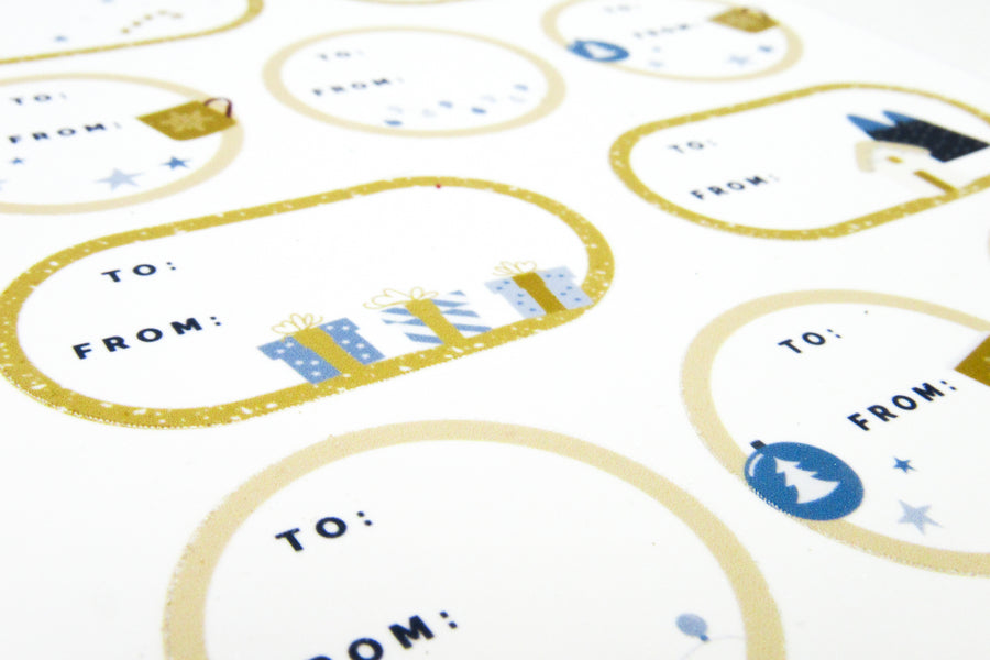 Gold and Blue Illustrated Holiday Cheer Gift Tag Sticker Sheets Gift Tags & Labels Oh, Heart!