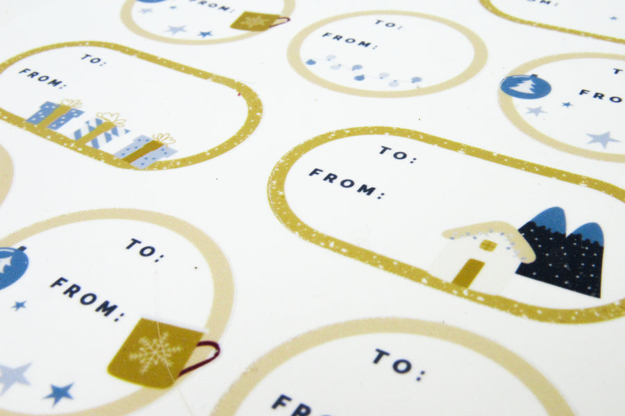 Gold and Blue Illustrated Holiday Cheer Gift Tag Sticker Sheets Gift Tags & Labels Oh, Heart!
