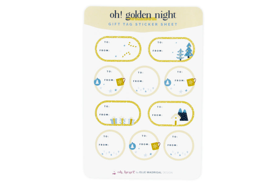Gold and Blue Illustrated Holiday Cheer Gift Tag Sticker Sheets Gift Tags & Labels Oh, Heart!
