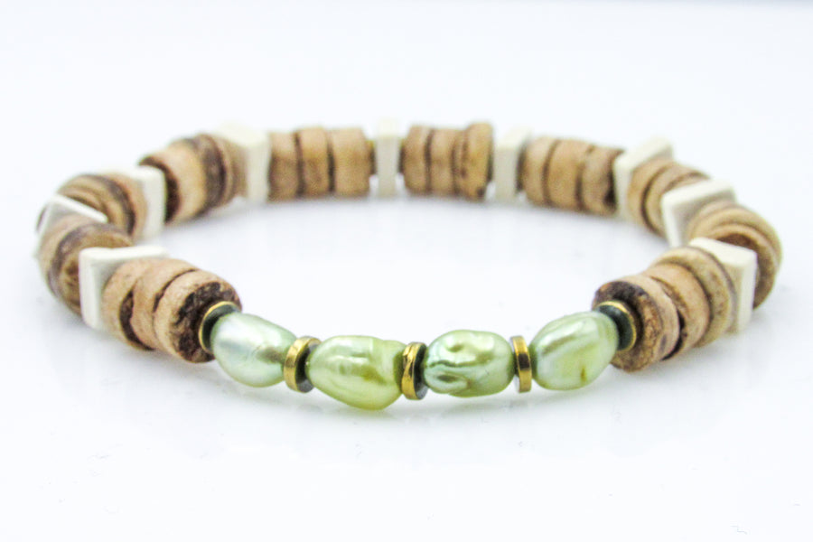 Green Pearls and Coconut Beads Stretch Bracelet Bracelets Oh, Heart!