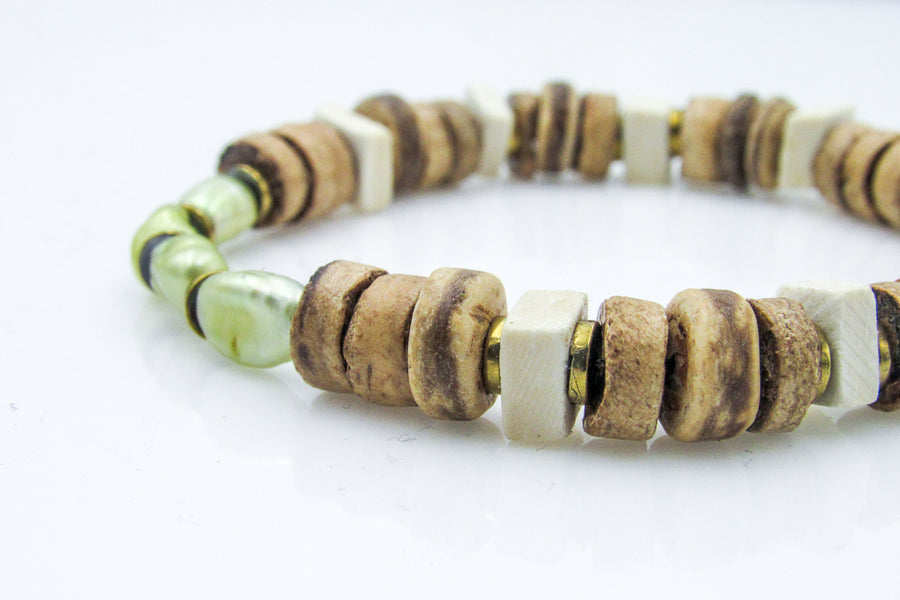 Green Pearls and Coconut Beads Stretch Bracelet Bracelets Oh, Heart!