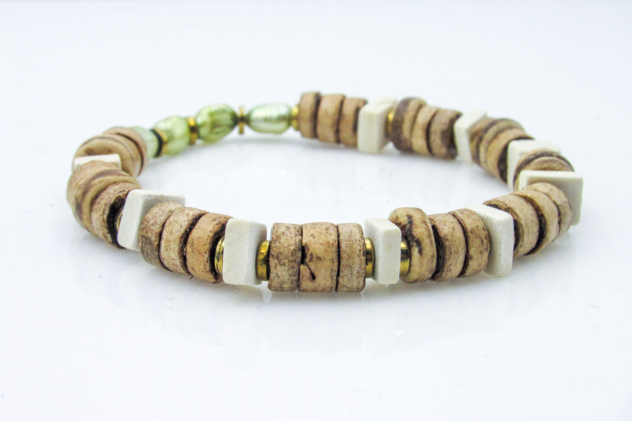 Green Pearls and Coconut Beads Stretch Bracelet Bracelets Oh, Heart!
