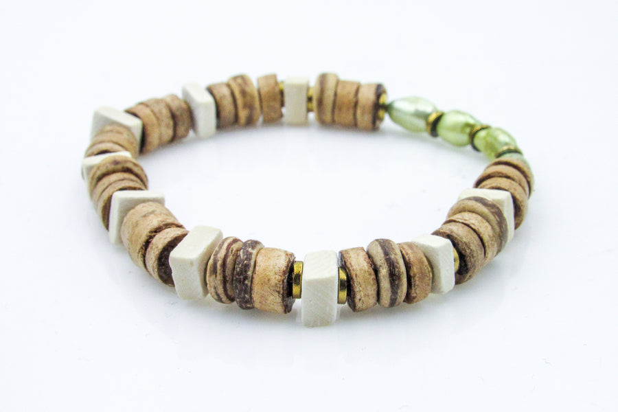 Green Pearls and Coconut Beads Stretch Bracelet Bracelets Oh, Heart!