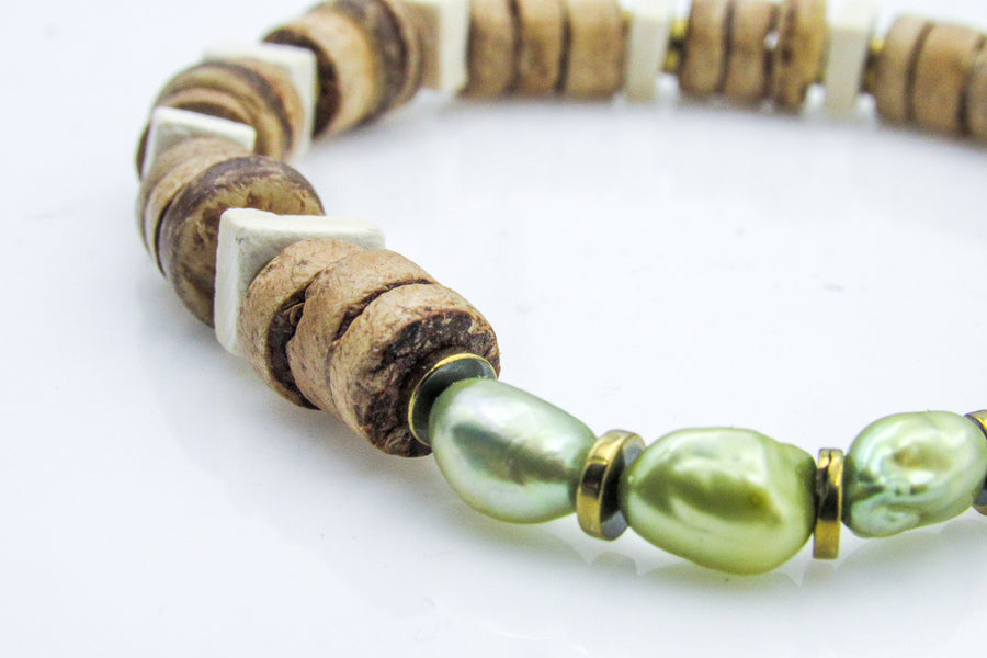 Green Pearls and Coconut Beads Stretch Bracelet Bracelets Oh, Heart!