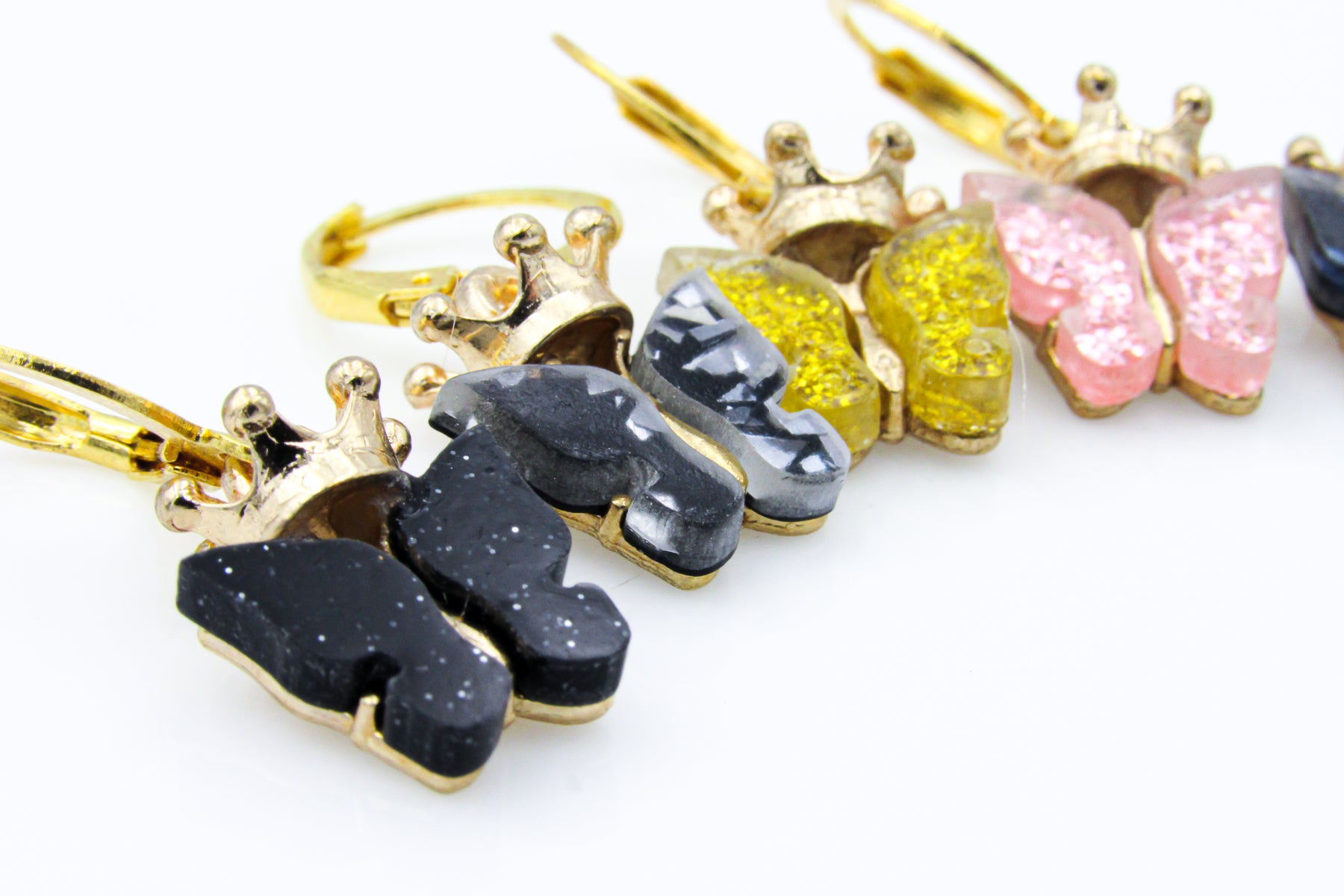 Glittery Resin Butterfly and Crown Charm Earrings Earrings Oh, Heart!