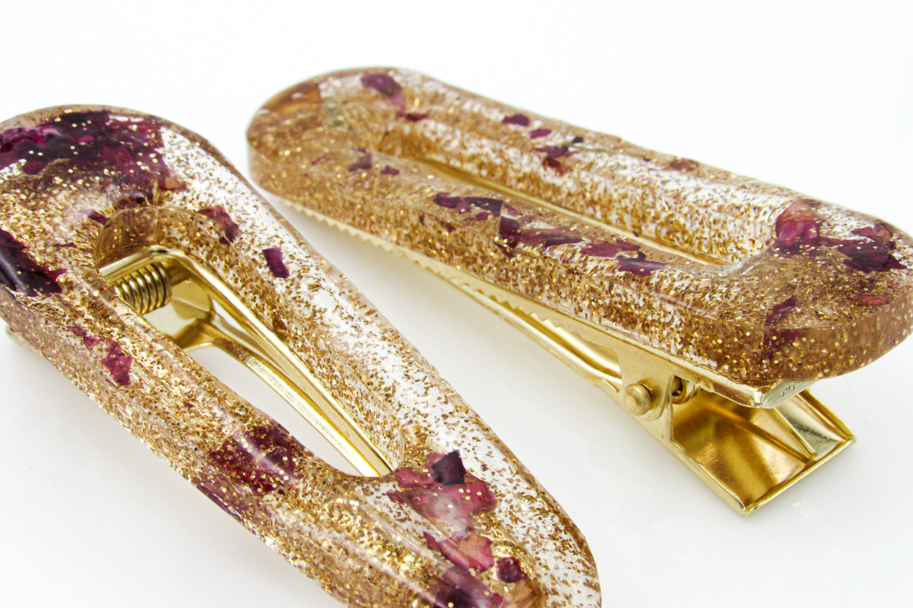 Rose Petals and Rose Gold Glitter Acrylic Resin Barrettes