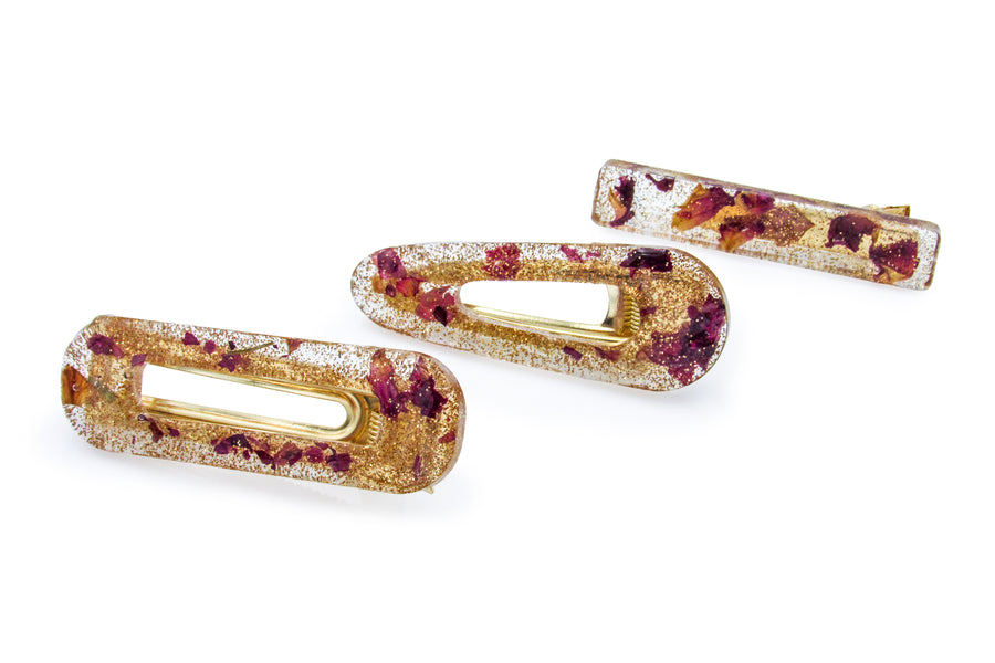 Rose Petals and Rose Gold Glitter Acrylic Resin Barrettes Barrettes Oh, Heart!