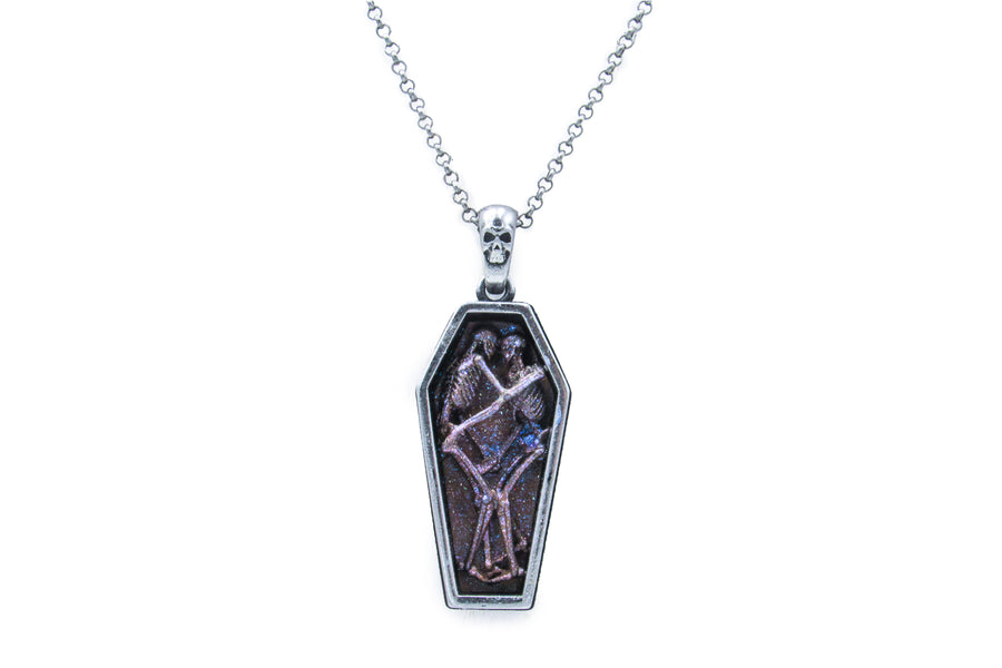 Hugging Skeletons In A Coffin Pendant Necklace