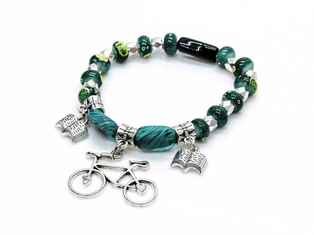 Bicycle and Fountain Pen Green Glass Bead Stretch Bracelet Bracelets Oh, Heart!