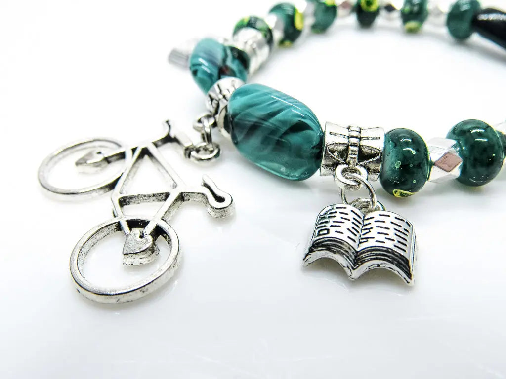 Bicycle and Fountain Pen Green Glass Bead Stretch Bracelet Bracelets Oh, Heart!
