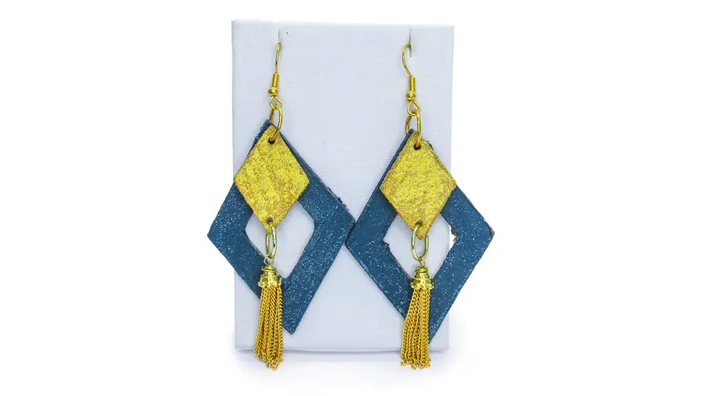 Diamond Shaped Wooden Dangle Earrings with Gold Tassels •  Earrings • Oh, Heart!