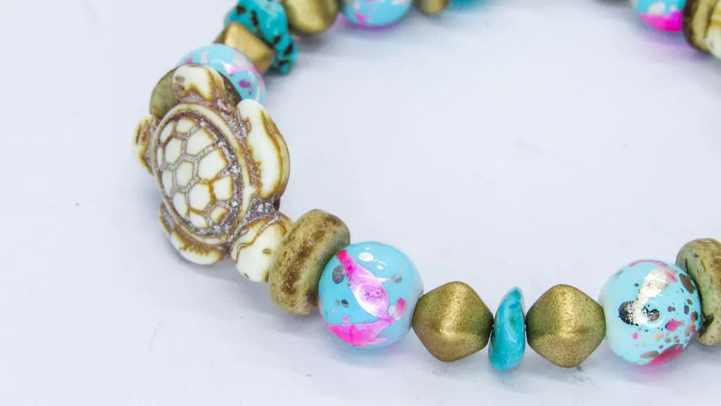 Bright Blue Beads and White Carved Turtle Stretch Bracelet Bracelets Oh, Heart!