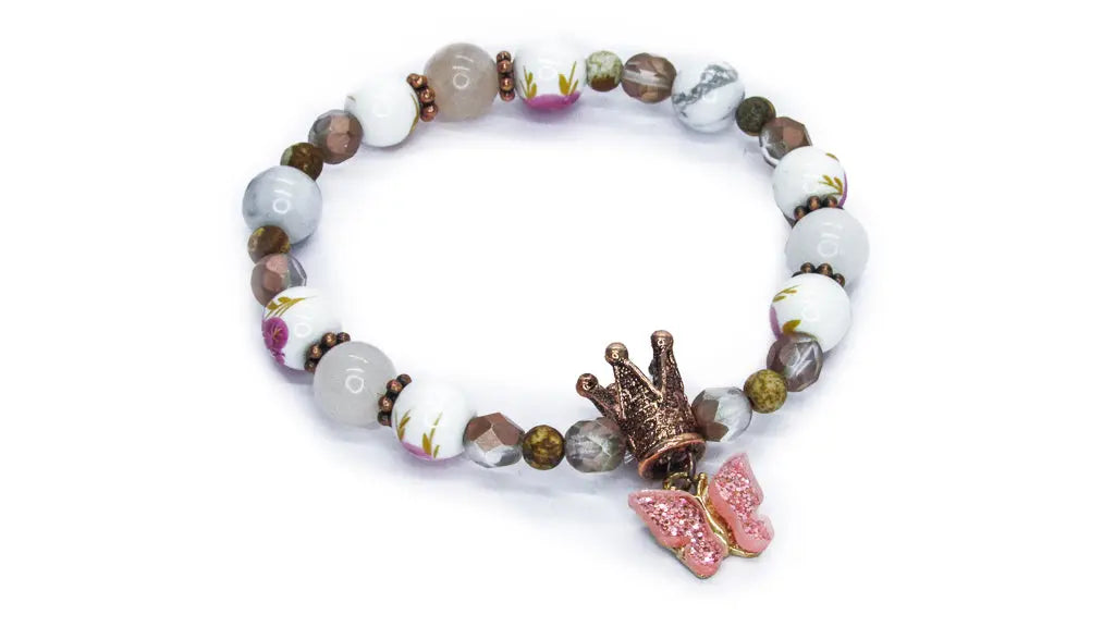 Butterfly and Crown Charm Stretch Bracelet with Pink and Gold Beads •  Bracelets • Oh, Heart!
