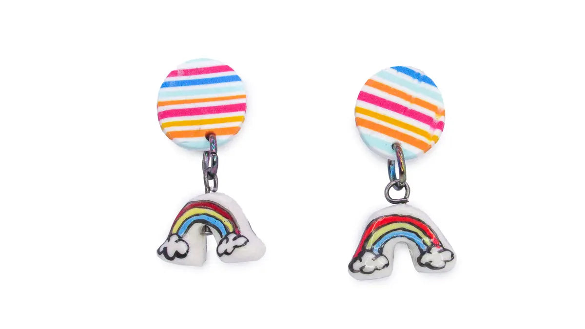 Ceramic Rainbow Charm and Polymer Clay Dangle Earrings Earrings Oh, Heart!