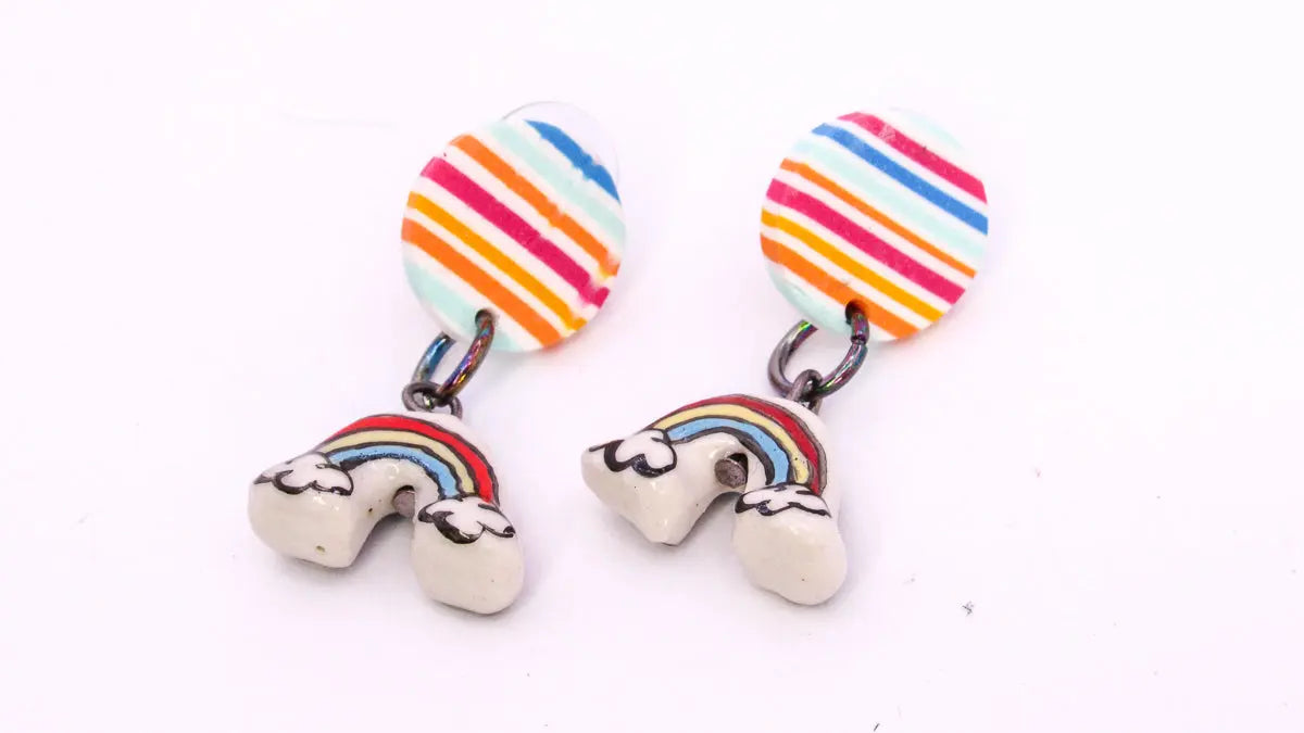 Ceramic Rainbow Charm and Polymer Clay Dangle Earrings Earrings Oh, Heart!