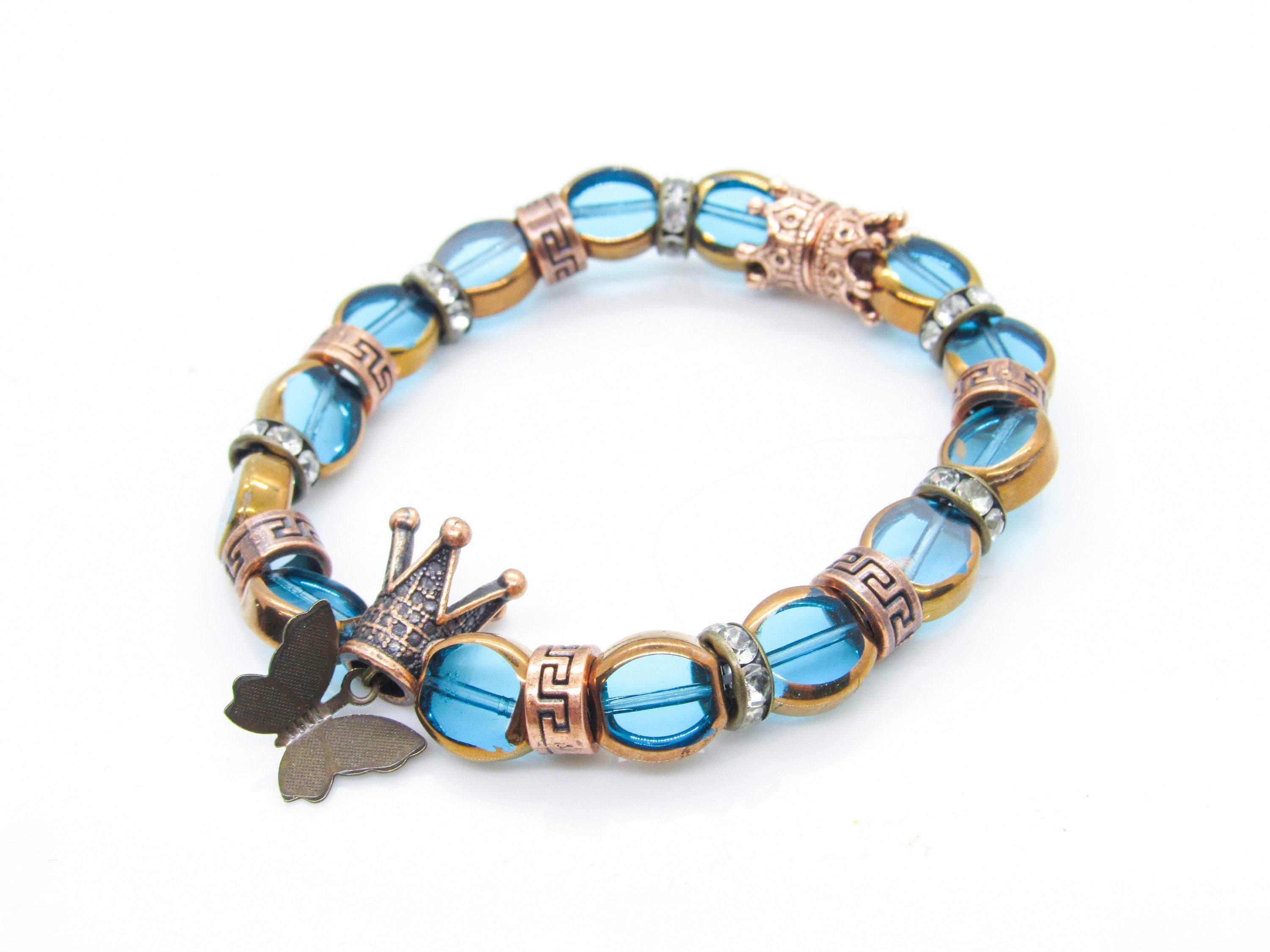 Turquoise and Bronze Butterfly and Glass Beads Stretch Bracelet Bracelets Oh, Heart!
