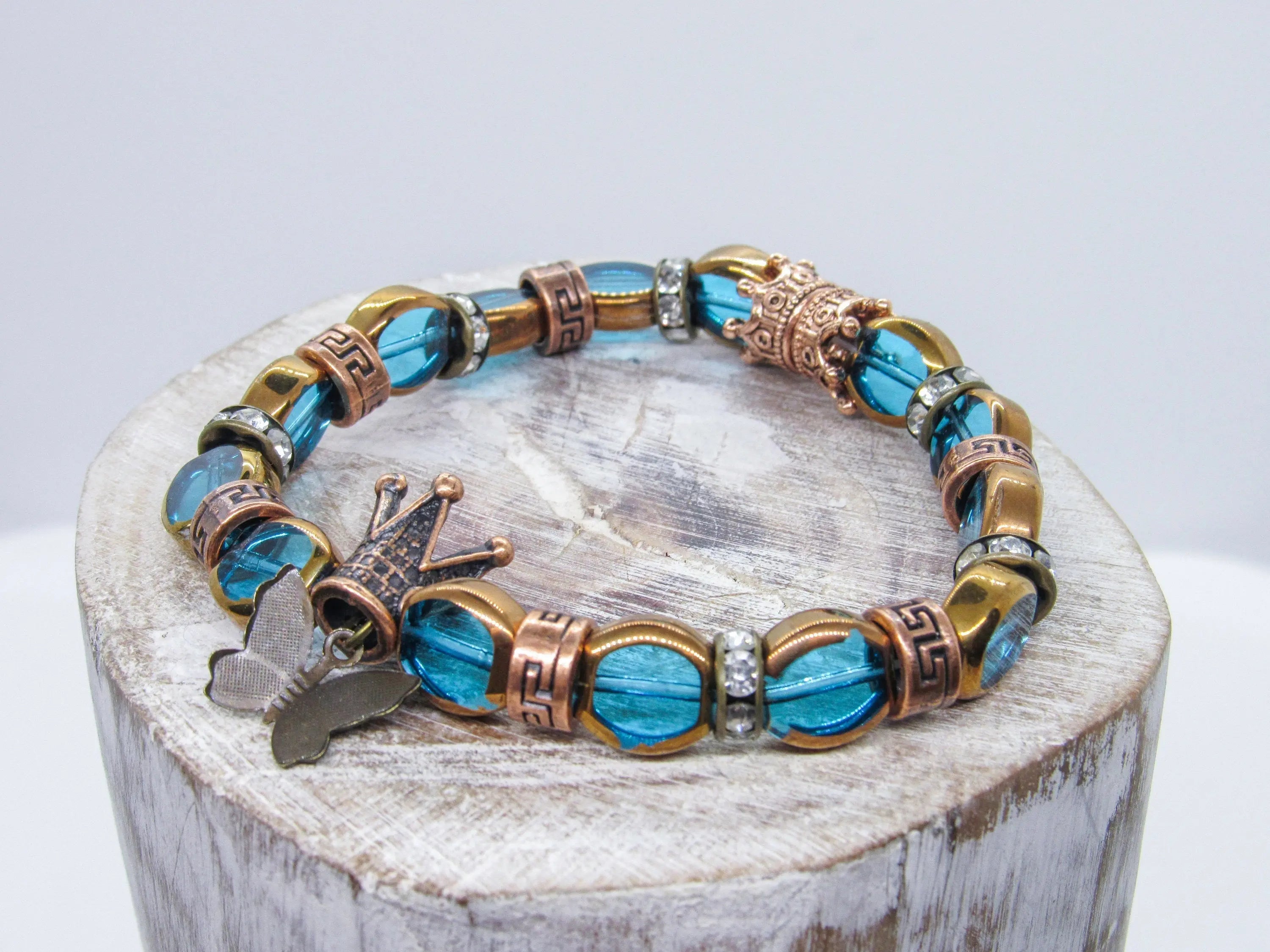 Turquoise and Bronze Butterfly and Glass Beads Stretch Bracelet Bracelets Oh, Heart!