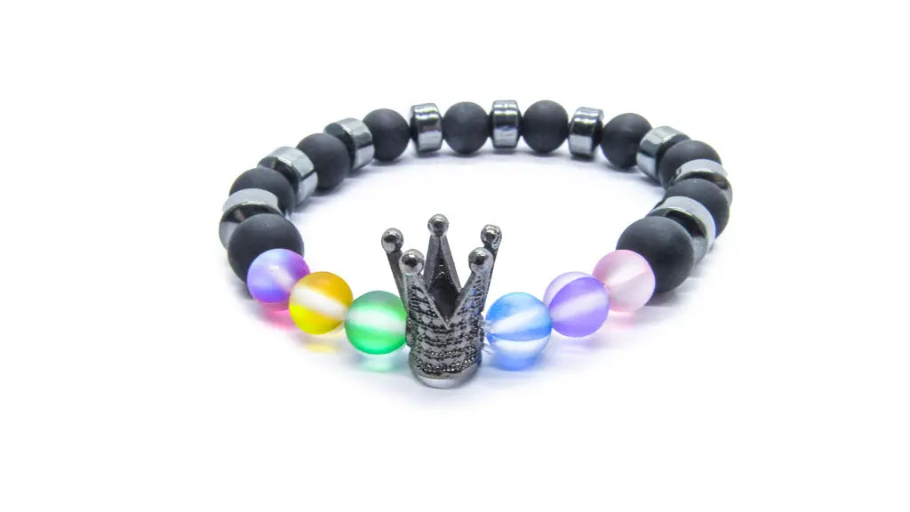 Black and Rainbow Bead Stretch Bracelet with Crown •  Bracelets • Oh, Heart!