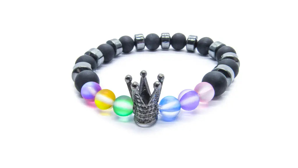 Black and Rainbow Bead Stretch Bracelet with Crown Bracelets Oh, Heart!