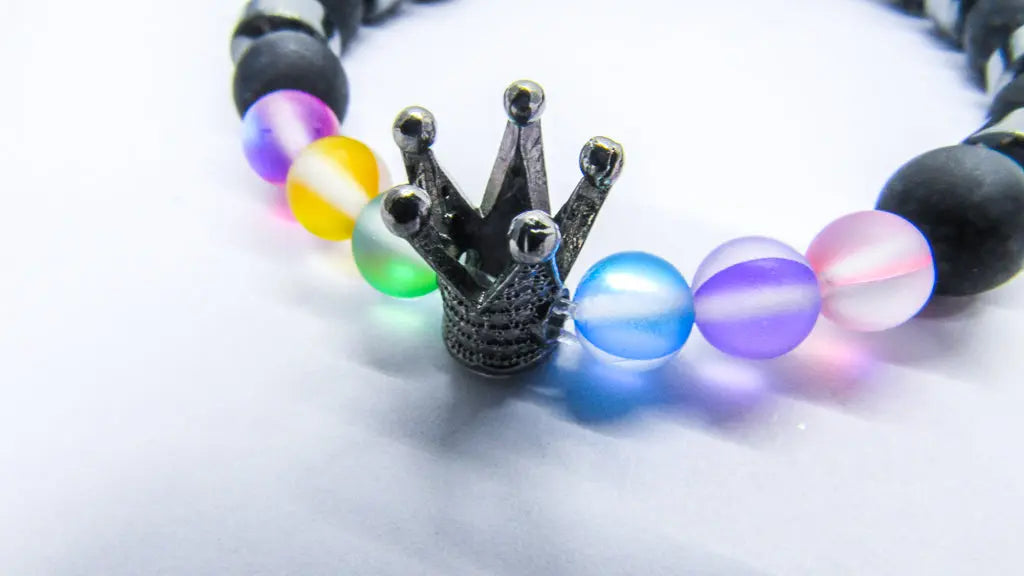 Black and Rainbow Bead Stretch Bracelet with Crown Bracelets Oh, Heart!