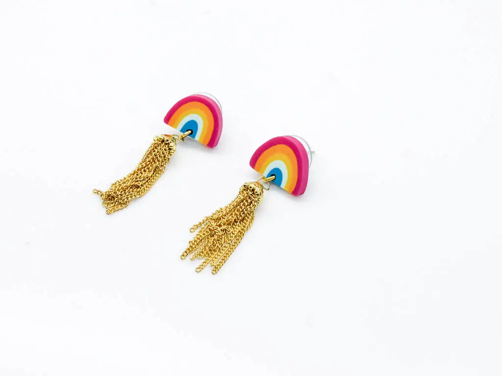 Rainbow Clay Earrings With Gold Tassel Earrings Oh, Heart!