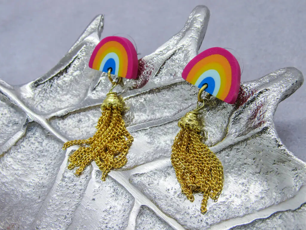 Rainbow Clay Earrings With Gold Tassel Earrings Oh, Heart!