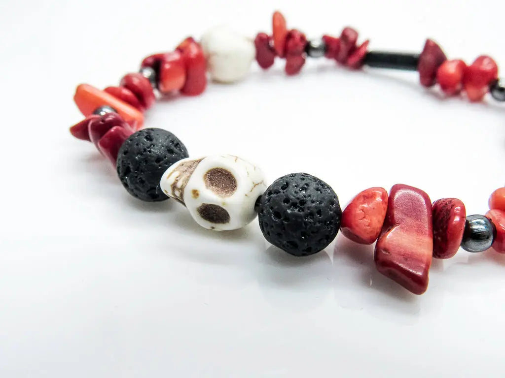 Coral Chips and Skulls Natural Stretch Bracelet Bracelets Oh, Heart!
