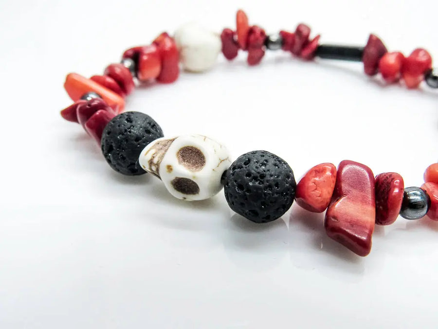 Coral Chips and Skulls Natural Stretch Bracelet Bracelets Oh, Heart!