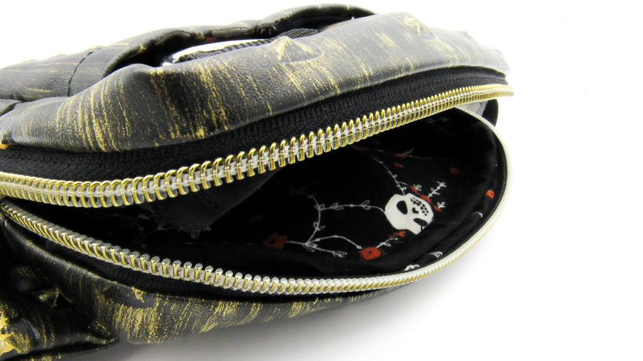 Black and Gold Skull Painted Pleather Fanny Pack Handbags Oh, Heart!