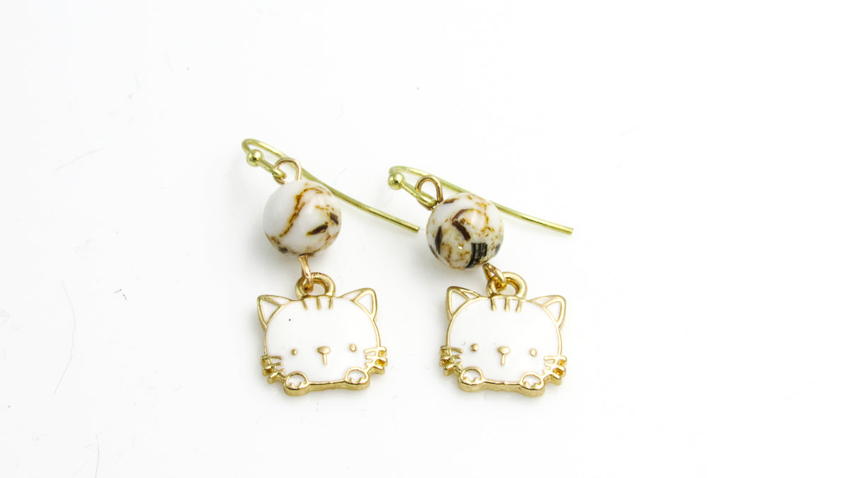 Adorable White Cat Charm and Gemstone Dangle Earrings Earrings Oh, Heart!