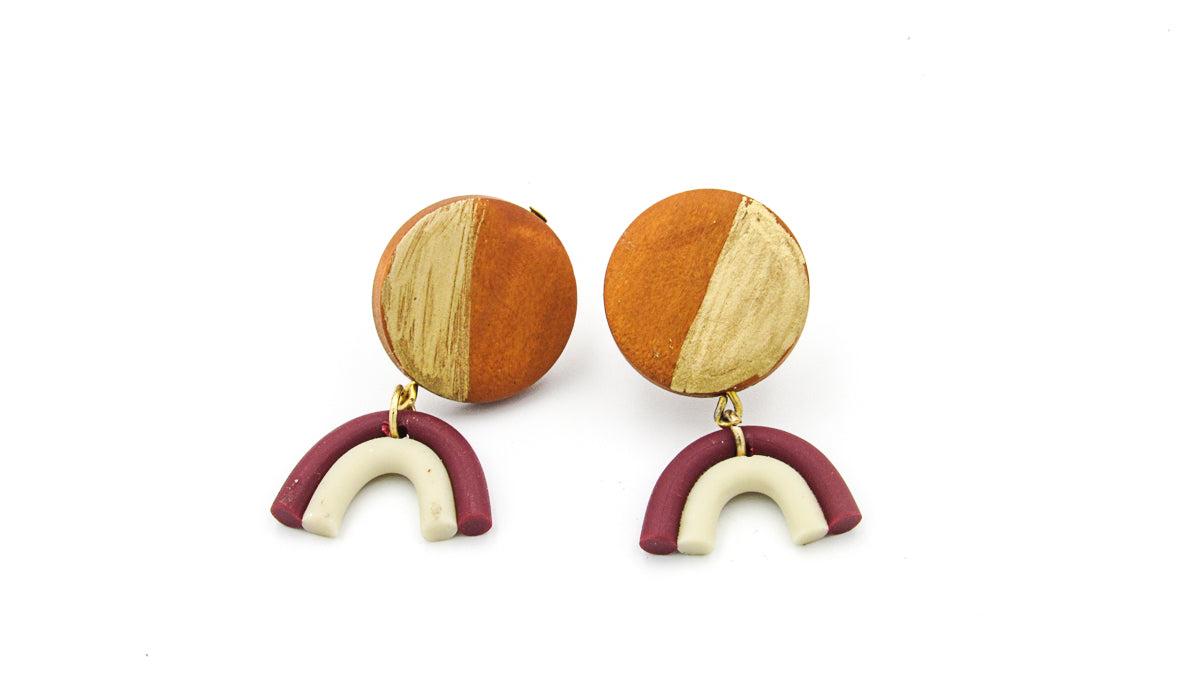 Polymer Clay Rainbow and Gold Painted Wood Dangle Earrings Earrings Oh, Heart!