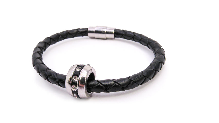 Braided Cord and Striped Silver Bead with CZ Crystals Leather Cuff Bracelets Oh, Heart!