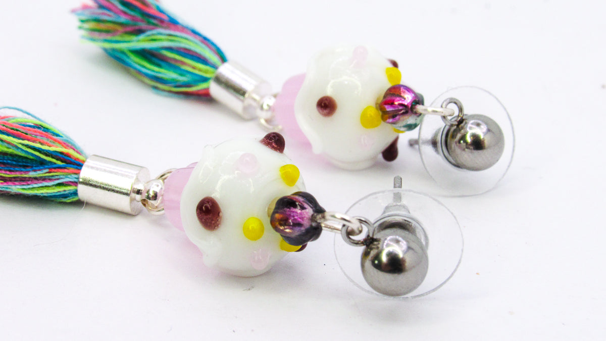 Cupcake Dangle Earrings with Rainbow Tassel Earrings Oh, Heart!