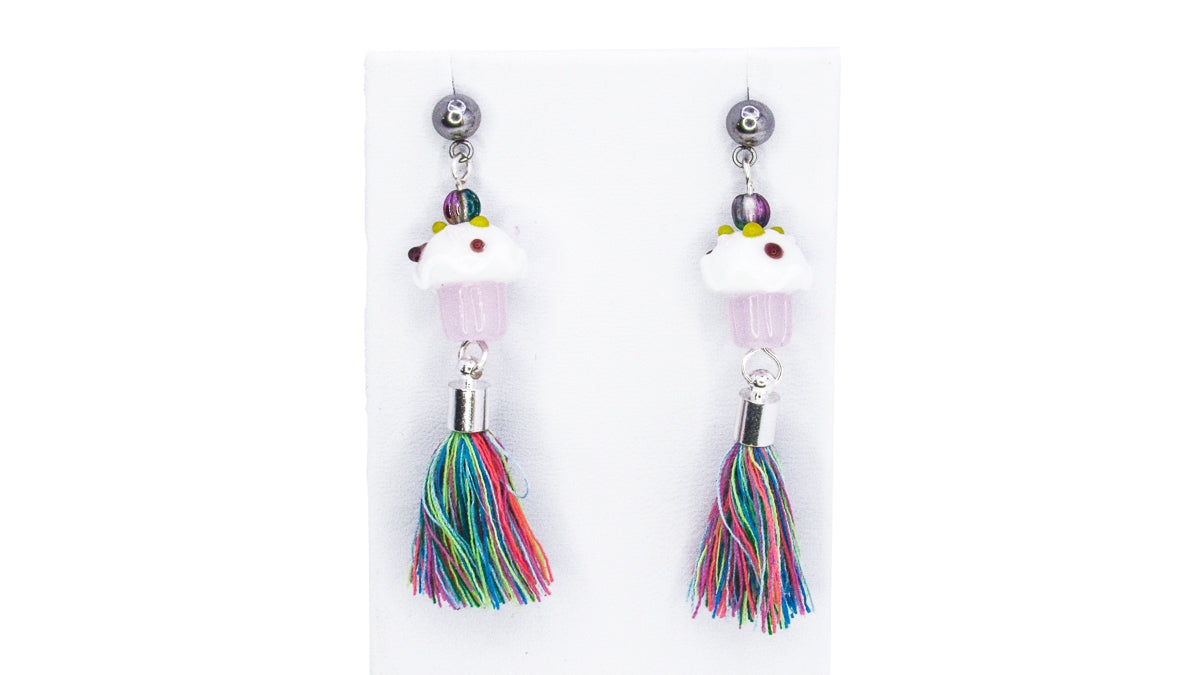 Cupcake Dangle Earrings with Rainbow Tassel Earrings Oh, Heart!