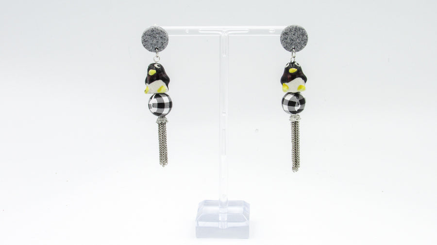 Penguin Dangle Earrings With Plaid Bead and Silver Tassels Earrings Oh, Heart!