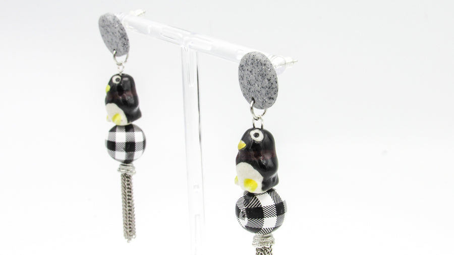 Penguin Dangle Earrings With Plaid Bead and Silver Tassels Earrings Oh, Heart!