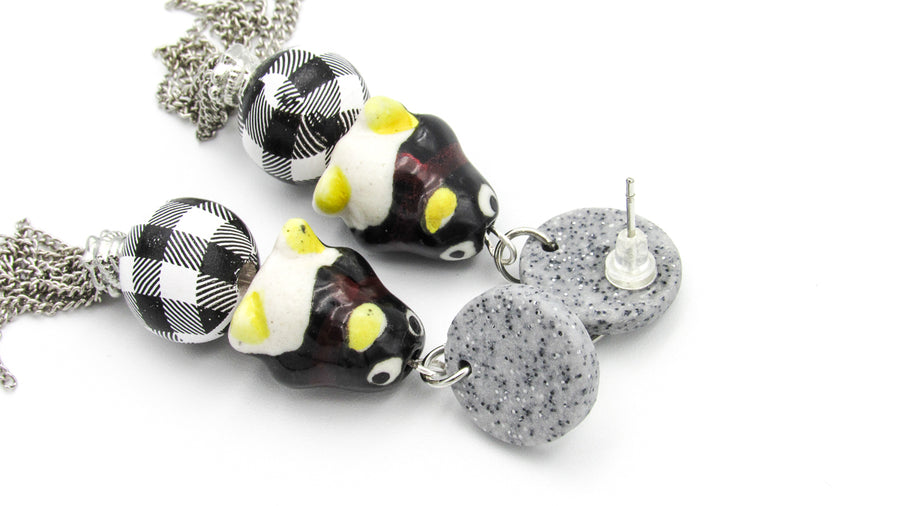 Penguin Dangle Earrings With Plaid Bead and Silver Tassels Earrings Oh, Heart!