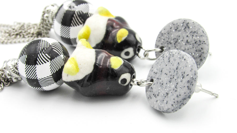 Penguin Dangle Earrings With Plaid Bead and Silver Tassels Earrings Oh, Heart!