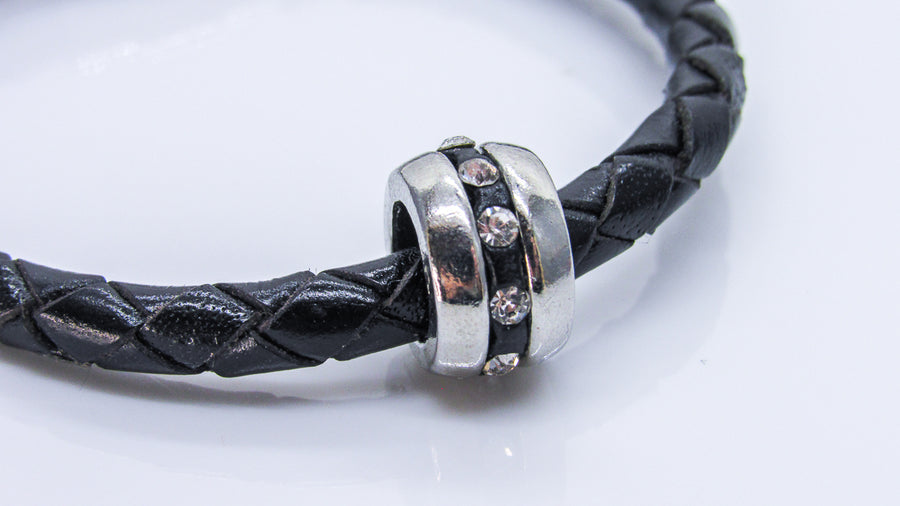 Braided Cord and Striped Silver Bead with CZ Crystals Leather Cuff Bracelets Oh, Heart!