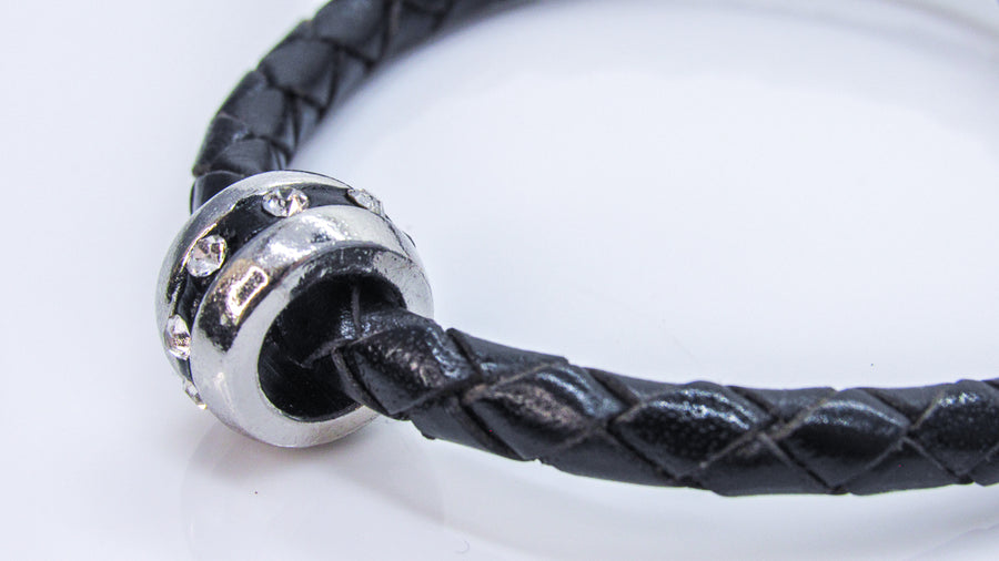 Braided Cord and Striped Silver Bead with CZ Crystals Leather Cuff Bracelets Oh, Heart!