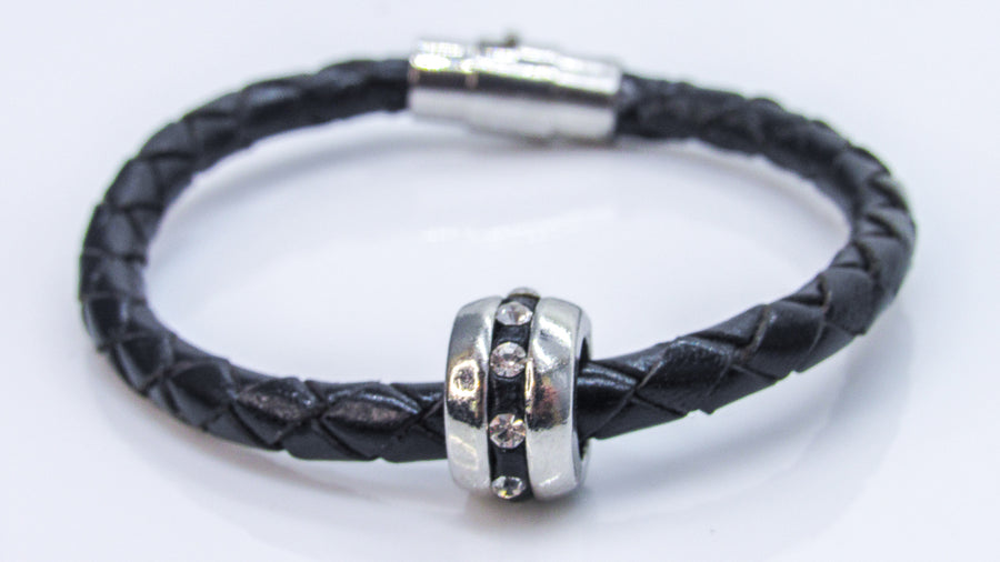 Braided Cord and Striped Silver Bead with CZ Crystals Leather Cuff Bracelets Oh, Heart!