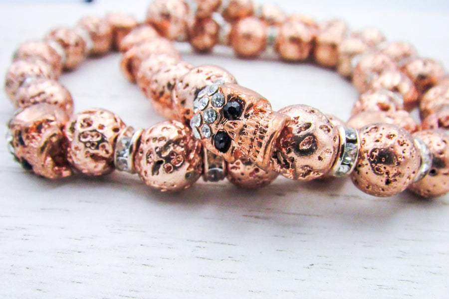 Rhinestone Copper Skull Goth Glam Stretch Bracelet