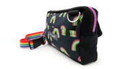 Rainbow Print Black Fanny Pack with rainbow straps and zipper
