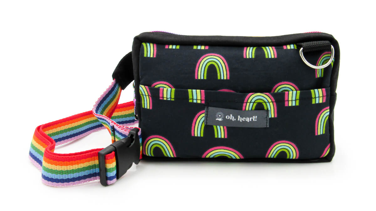 Rainbow Print Black Fanny Pack with rainbow straps and zipper